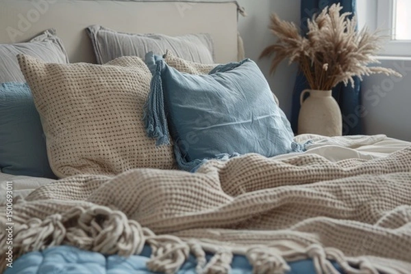 Fototapeta A cozy, inviting bed adorned with textured bedding in a palette of soothing blues and neutrals