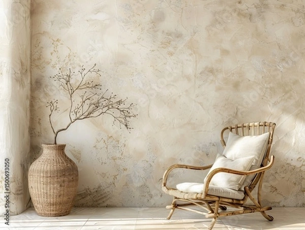 Fototapeta A minimalist living room with natural light, a wicker chair, and an elegant dried tree branch in a large vase