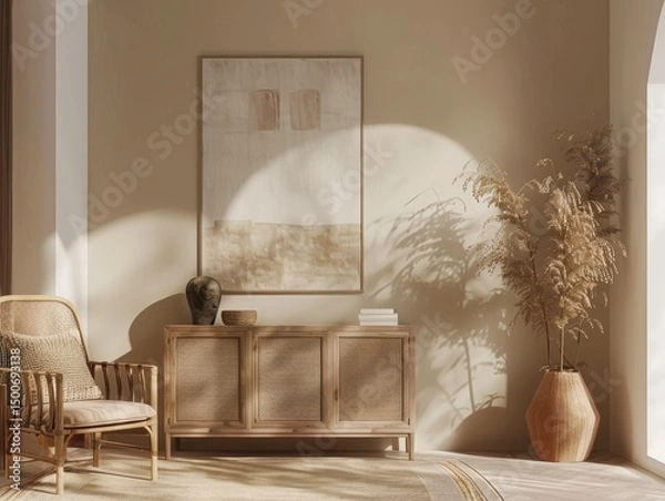 Fototapeta A minimalist interior with wicker chair and sideboard casting shadows