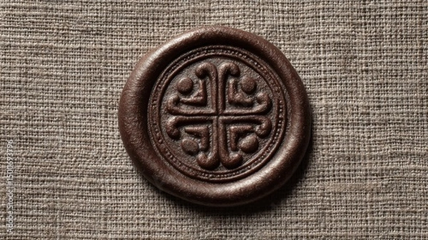 Fototapeta Brown wax seal with embossed Celtic knot design, on linen texture background, symbolizing authenticity, heritage, and tradition