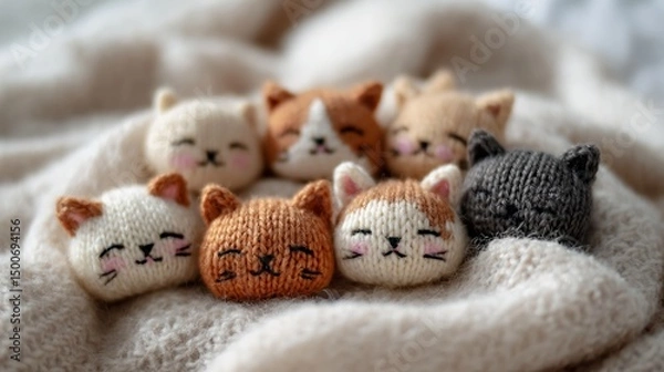 Fototapeta Adorable knitted cat toys nestled in soft, fluffy yarn, showcasing warmth and comfort, ideal for craft, textile, or children's themes