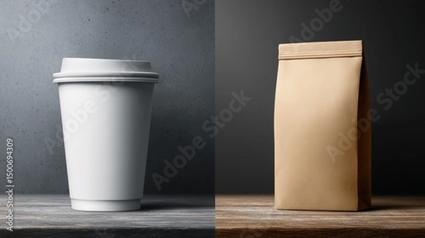 Fototapeta White paper cup and brown paper bag on wood surface against textured backgrounds, showcasing blank packaging for branding or advertising mockups