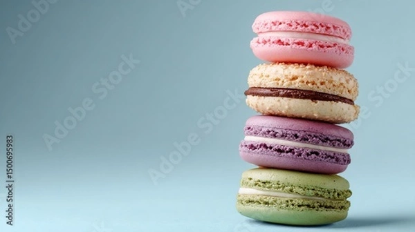 Fototapeta Stack of four colorful macarons on a light-blue background, showcasing pastel hues and delicate texture, ideal for food blogs or bakery advertisements, free space for text