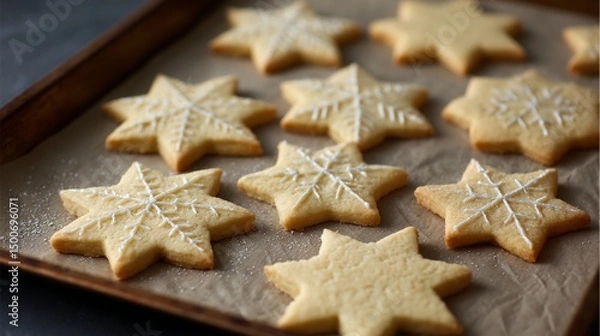 Fototapeta Close-up of star-shaped cookies, decorated with white icing snowflakes, arranged on baking paper in a wooden tray, suggesting a homemade, festive treat