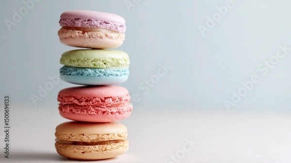 Fototapeta Stack of pastel-colored macarons, showcasing delicate texture and vibrant hues, representing sweetness, elegance, and French patisserie, ideal for food blogs or bakery websites