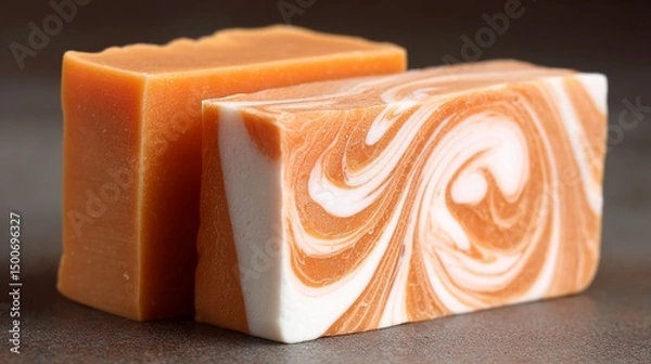 Fototapeta Close-up of two artisan soaps, one orange, one orange and white swirled, showcasing texture and craftsmanship, ideal for beauty or hygiene product marketing