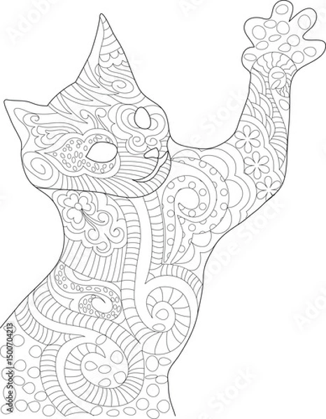 Fototapeta Ornate Zentangle Cat Line Art, Detailed black and white line art illustration of a cat standing on its hind legs with a paw raised, filled with intricate, decorative, zentangle-style abstract 