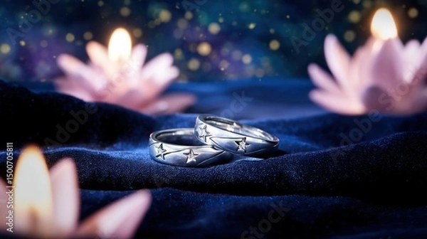Fototapeta Two silver rings with star motifs on blue fabric, glowing in candlelight. A romantic symbol of love and celestial connection.