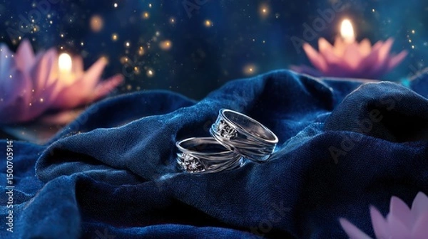 Fototapeta Two silver rings with star motifs on blue fabric, glowing in candlelight. A romantic symbol of love and celestial connection.