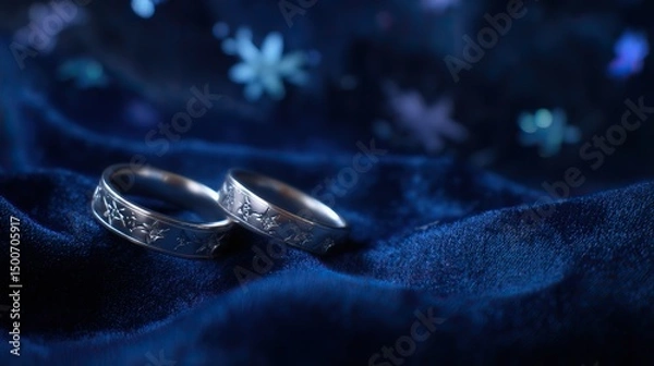 Fototapeta Two silver rings with star motifs on blue fabric, glowing in candlelight. A romantic symbol of love and celestial connection.