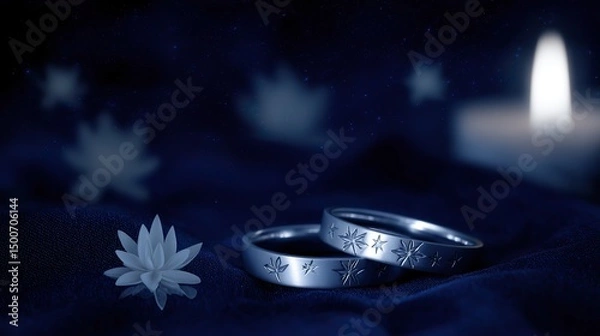 Fototapeta Two silver rings with star motifs on blue fabric, glowing in candlelight. A romantic symbol of love and celestial connection.