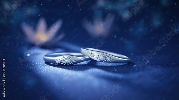 Fototapeta Two silver rings with star motifs on blue fabric, glowing in candlelight. A romantic symbol of love and celestial connection.