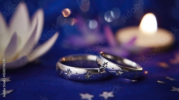 Fototapeta Two silver rings with star motifs on blue fabric, glowing in candlelight. A romantic symbol of love and celestial connection.