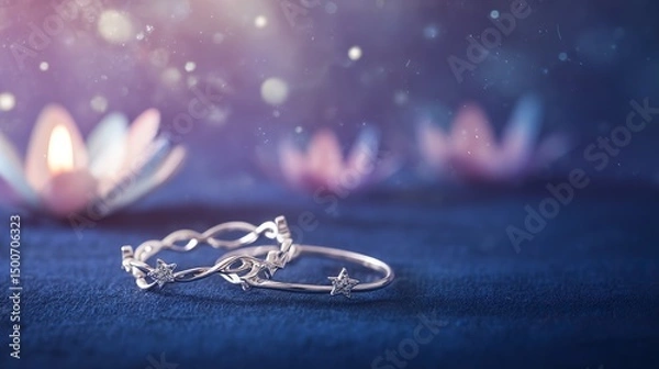 Fototapeta Two silver rings with star motifs on blue fabric, glowing in candlelight. A romantic symbol of love and celestial connection.