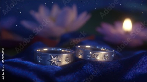 Fototapeta Two silver rings with star motifs on blue fabric, glowing in candlelight. A romantic symbol of love and celestial connection.