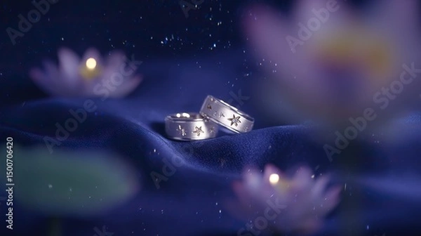Fototapeta Two silver rings with star motifs on blue fabric, glowing in candlelight. A romantic symbol of love and celestial connection.