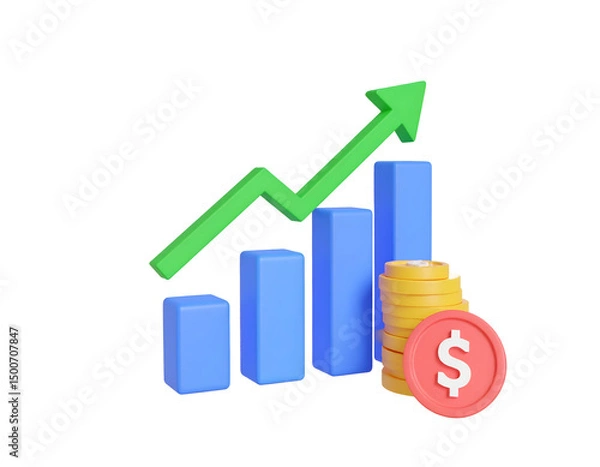 Fototapeta 3D render of a bar graph showing upward financial growth, represented by a rising green arrow and stacks of gold coins beside a dollar sign