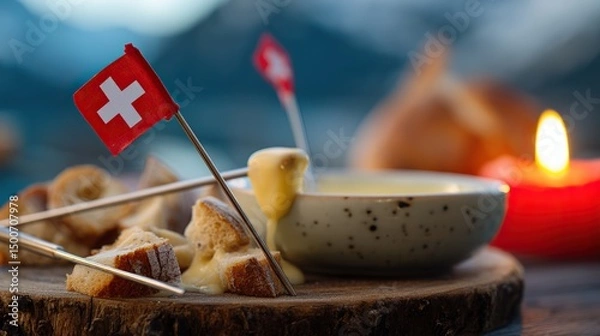 Fototapeta Rustic wooden platter with Swiss cheese fondue and bread, Swiss cross pin; celebrating Swiss National Day with alpine charm.