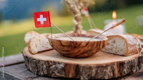 Fototapeta Rustic wooden platter with Swiss cheese fondue and bread, Swiss cross pin; celebrating Swiss National Day with alpine charm.
