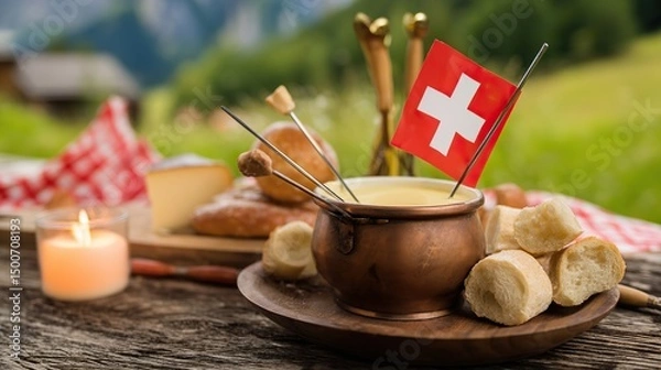 Fototapeta Rustic wooden platter with Swiss cheese fondue and bread, Swiss cross pin; celebrating Swiss National Day with alpine charm.