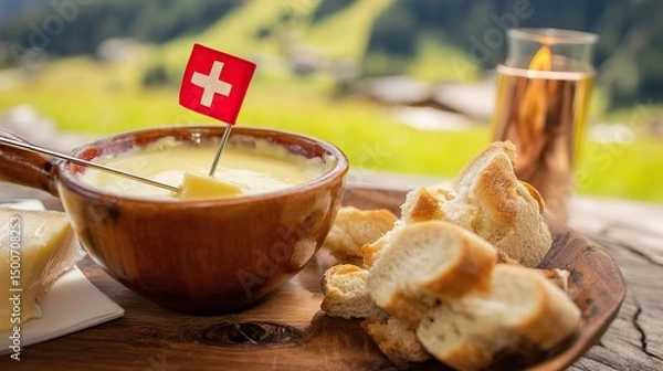 Fototapeta Rustic wooden platter with Swiss cheese fondue and bread, Swiss cross pin; celebrating Swiss National Day with alpine charm.