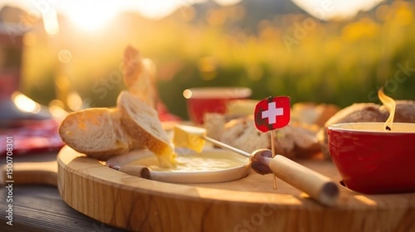 Fototapeta Rustic wooden platter with Swiss cheese fondue and bread, Swiss cross pin; celebrating Swiss National Day with alpine charm.