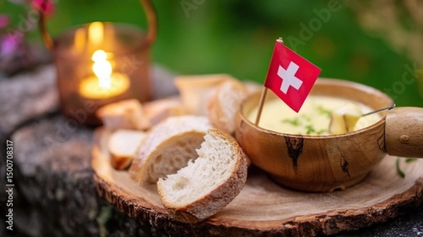 Fototapeta Rustic wooden platter with Swiss cheese fondue and bread, Swiss cross pin; celebrating Swiss National Day with alpine charm.