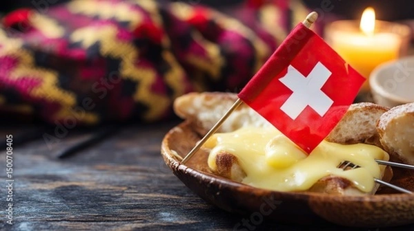 Fototapeta Rustic wooden platter with Swiss cheese fondue and bread, Swiss cross pin; celebrating Swiss National Day with alpine charm.