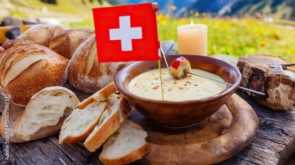 Fototapeta Rustic wooden platter with Swiss cheese fondue and bread, Swiss cross pin; celebrating Swiss National Day with alpine charm.