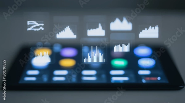 Fototapeta Data Analytics on a Tablet: A close-up shot captures a modern tablet displaying a futuristic interface with holographic data visualizations.