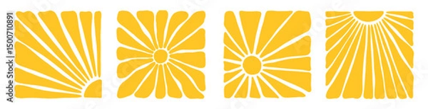 Fototapeta Trendy groovy sun collection. Yellow hot ray pattern set. Retro summer background
