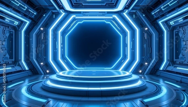 Fototapeta Sci Fi Futuristic Blue Glowing Podium Empty Showcase for Product Presentation and Technology Design