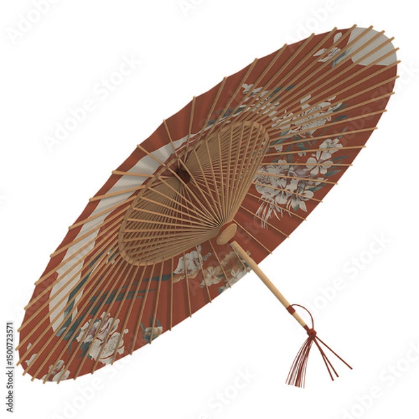 Obraz Traditional Japanese Paper Umbrella with Floral Pattern Isolated on White Background