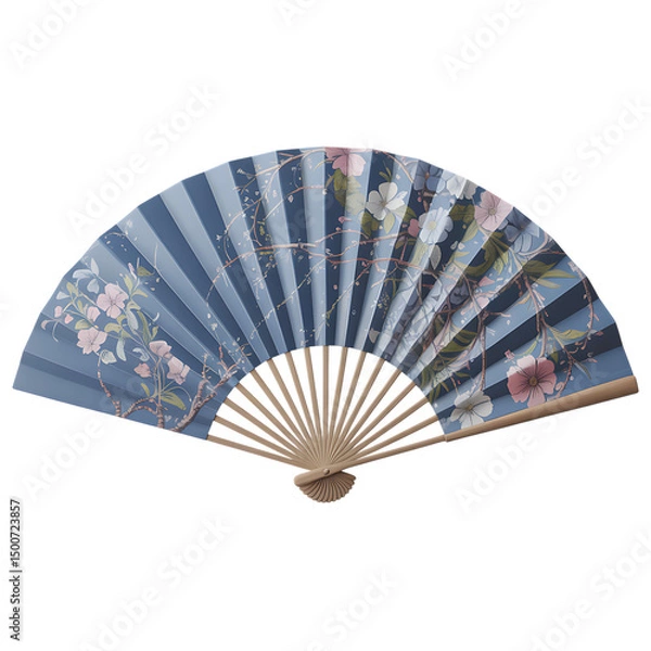Obraz Traditional Japanese Folding Fan with Floral Pattern Isolated on White Background