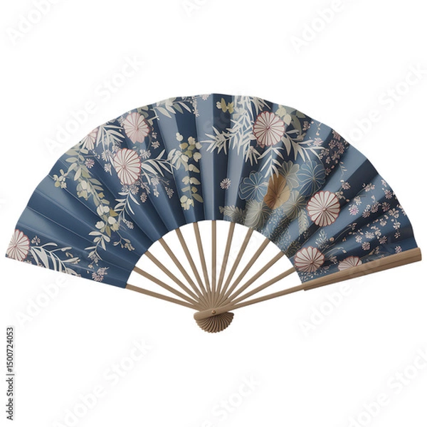 Obraz Traditional Japanese Folding Fan with Floral Pattern Isolated on White Background