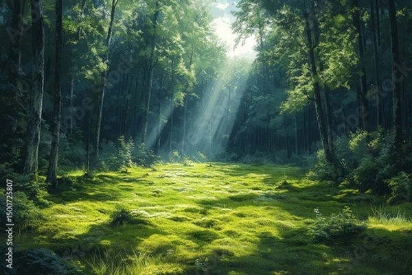 Fototapeta Sunbeams in lush green forest clearing