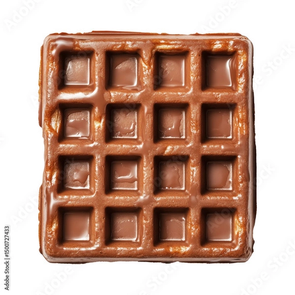 Fototapeta Tasty golden waffle drenched in glossy melted chocolate syrup, isolated on white transparent background, dessert concept.