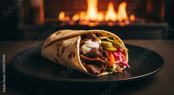 Obraz Delicious Doner Kebab: Authentic Middle Eastern Cuisine, Savory Shawarma Wrap: Chicken and Lamb Gyro Delight, Chicken Shawarma: Gourmet Kebab Platter.