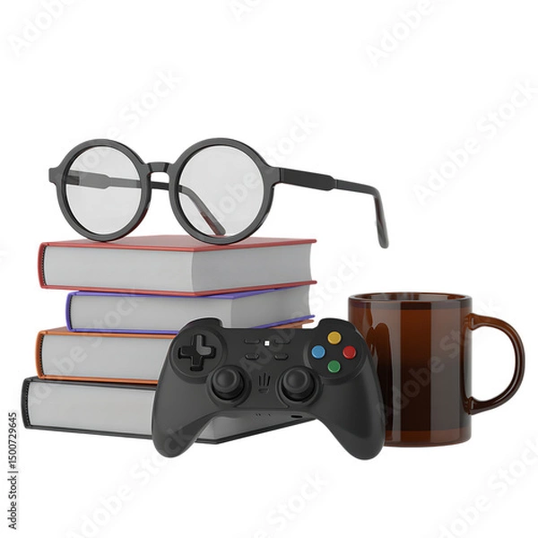 Obraz Eyeglasses, Books, Game Controller, and Mug Isolated on White Background