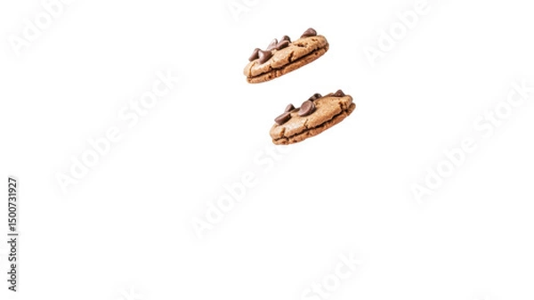 Obraz Title: Falling Chocolate Chip Cookies on White Background
