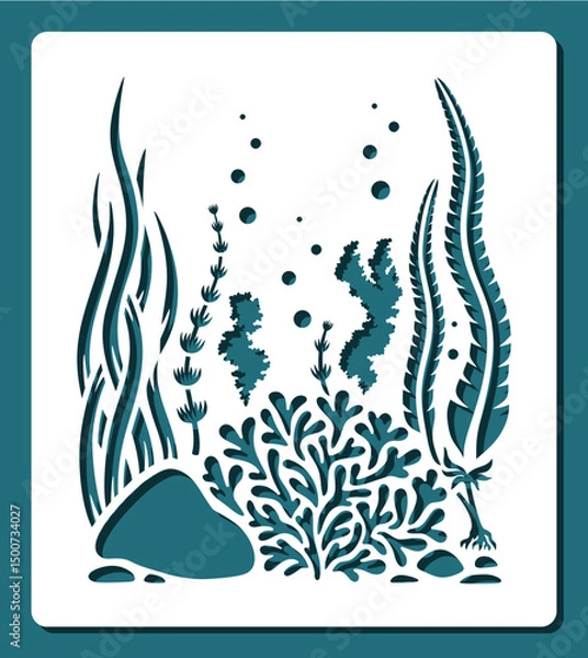 Fototapeta Stencil sea life. Rectangular painting with seaweed, coral, bush, water, stone, bubbles. Template for plotter laser cutting of paper, fretwork, wood carving, metal engraving, cnc. Vector illustration.