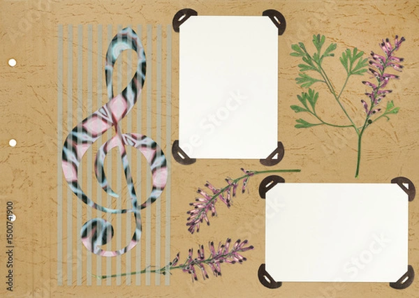 Fototapeta Scrapbook composition with flowers elements and photo frame. Page for stories. Layout photo album with empty photo frames. Page from an old photo album. Fumaria flowers. Treble clef.
