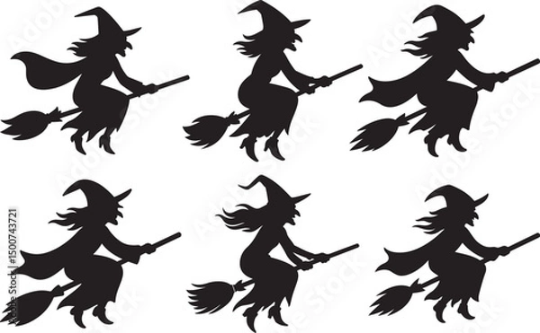 Obraz Flying witch on broomstick set in flat black silhouette vector design illustration Halloween bundle