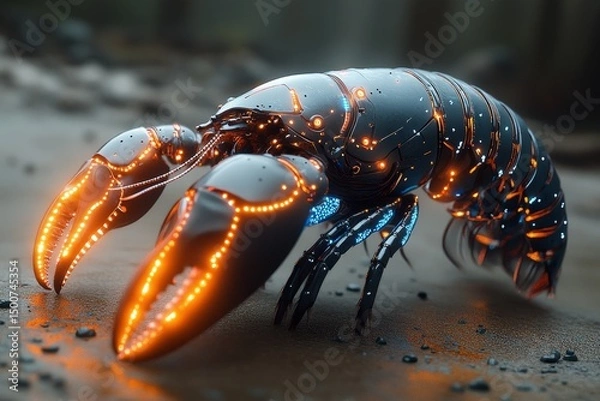 Fototapeta Robotic lobster on forest floor; sci-fi concept