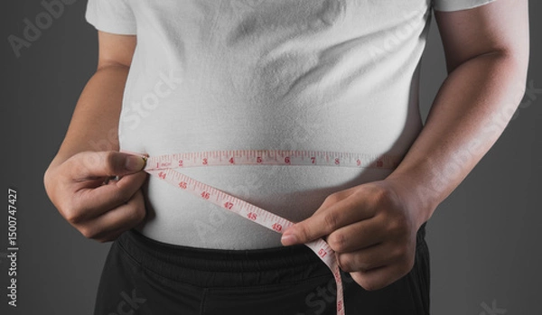 Fototapeta Overweight or obese man with abdominal fat using a tape measure to check his waist size, Health and medicine concept He is on a diet and losing weight