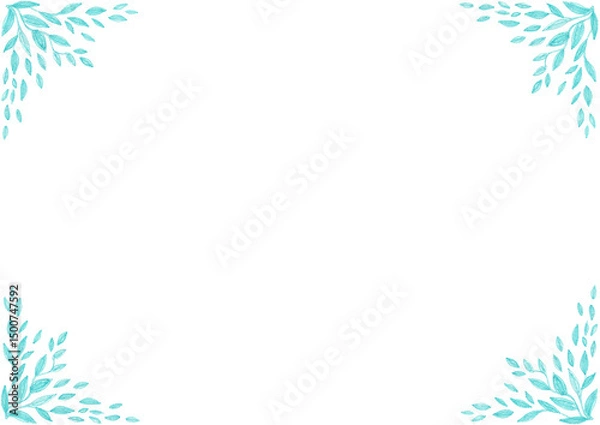 Obraz Frame. In each corner of the background there are small patterns consisting of leaves of different sizes. Blue color, cyan. Drawing colored pencils. White copy space. Invitation, card, certificate.