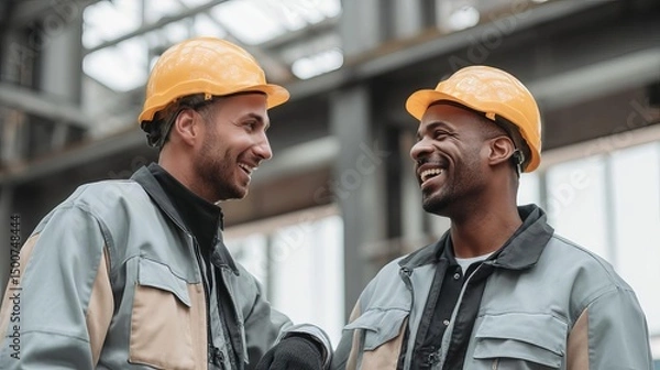 Obraz Two cheerful workers in hard hats engage in lively conversation.