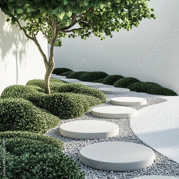 Obraz Serene japanese garden design with circular stepping stones lush greenery and minimalist white wall