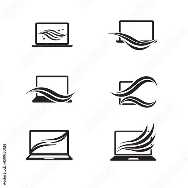Obraz Black silhouette laptop icons featuring dynamic wave design elements on white background.