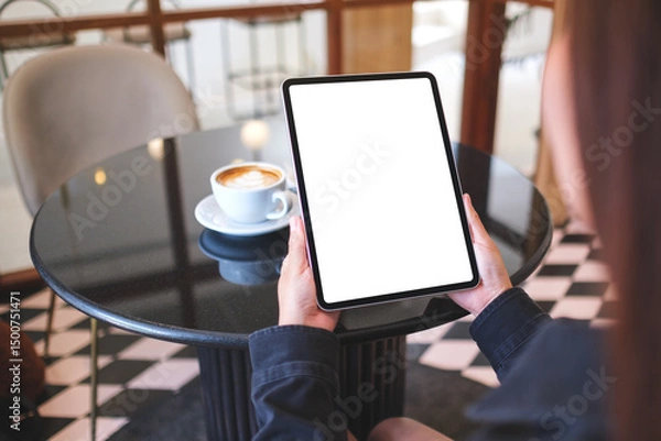 Fototapeta Mockup image of a woman holding digital tablet with blank white desktop screen in cafe